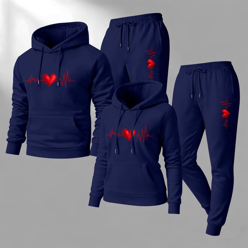Couple's Heartbeat Print Hooded Sweatshirt and Drawstring Sweatpants Set, Casual Sportswear, Long-Sleeve Hooded Jacket and Pants, Suitable for Autumn, Winter, and Spring, Everyday Wear, Tracksuit, Casual Athletic Wear