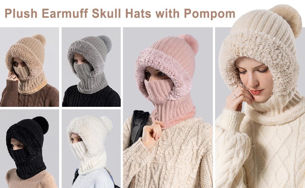 Women’s Knit Beanie Set - Fleece Lined Winter Hat Scarf Mask Plush Earmuff with Pompom Snow Cap​