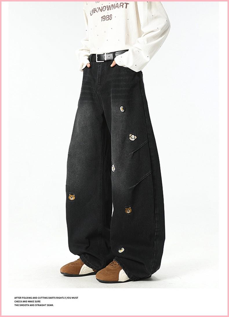American High Street Trendy Brand Cartoon Embroidered Versatile Distressed Scimitar Pants Wide Leg Pants Straight Jeans