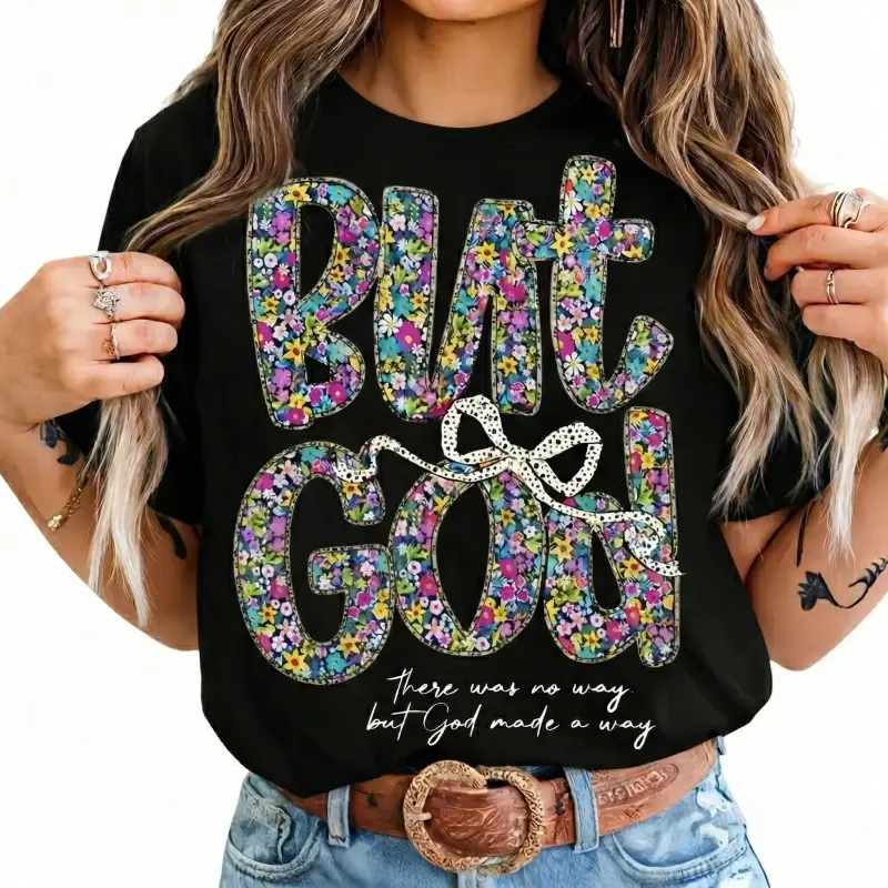 Graphic Tee for Men Women Oversized Short-Sleeve Floral Print Cotton Christian T-Shirt - Monkey Streetwear Casual Wear, Jesus Religious Apparel, Gift for Her, Comfortable Summer Womenswear Top But God spring glowup,summervibes,summerwins,summeroutfits,vac