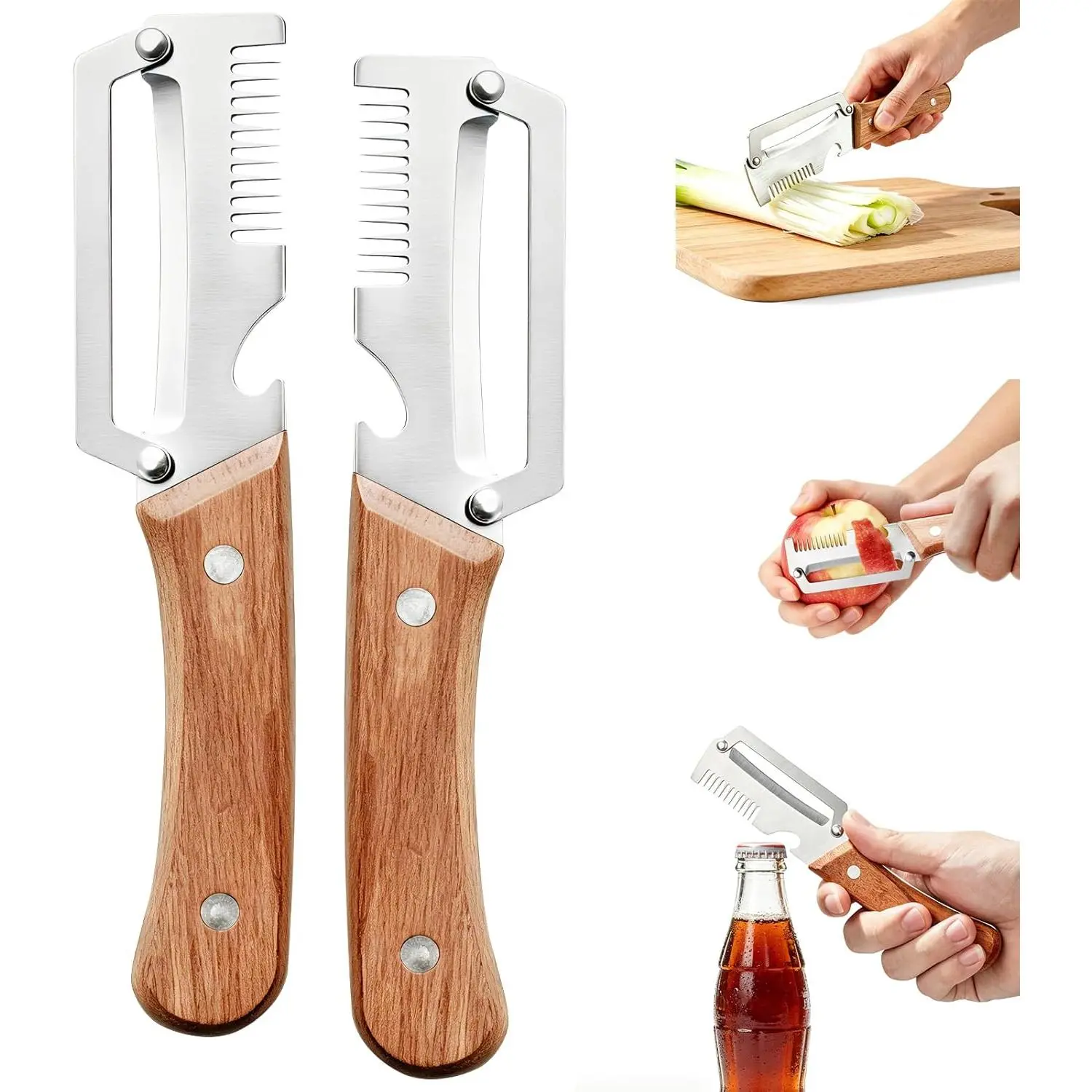 2pcs Multi-Function Vegetable Peeler Set with Scallion Slicer & Bottle Opener, Heavy-Duty Thick Stainless Steel Blade, Wooden Handle for Kitchen Fruits and Vegetables