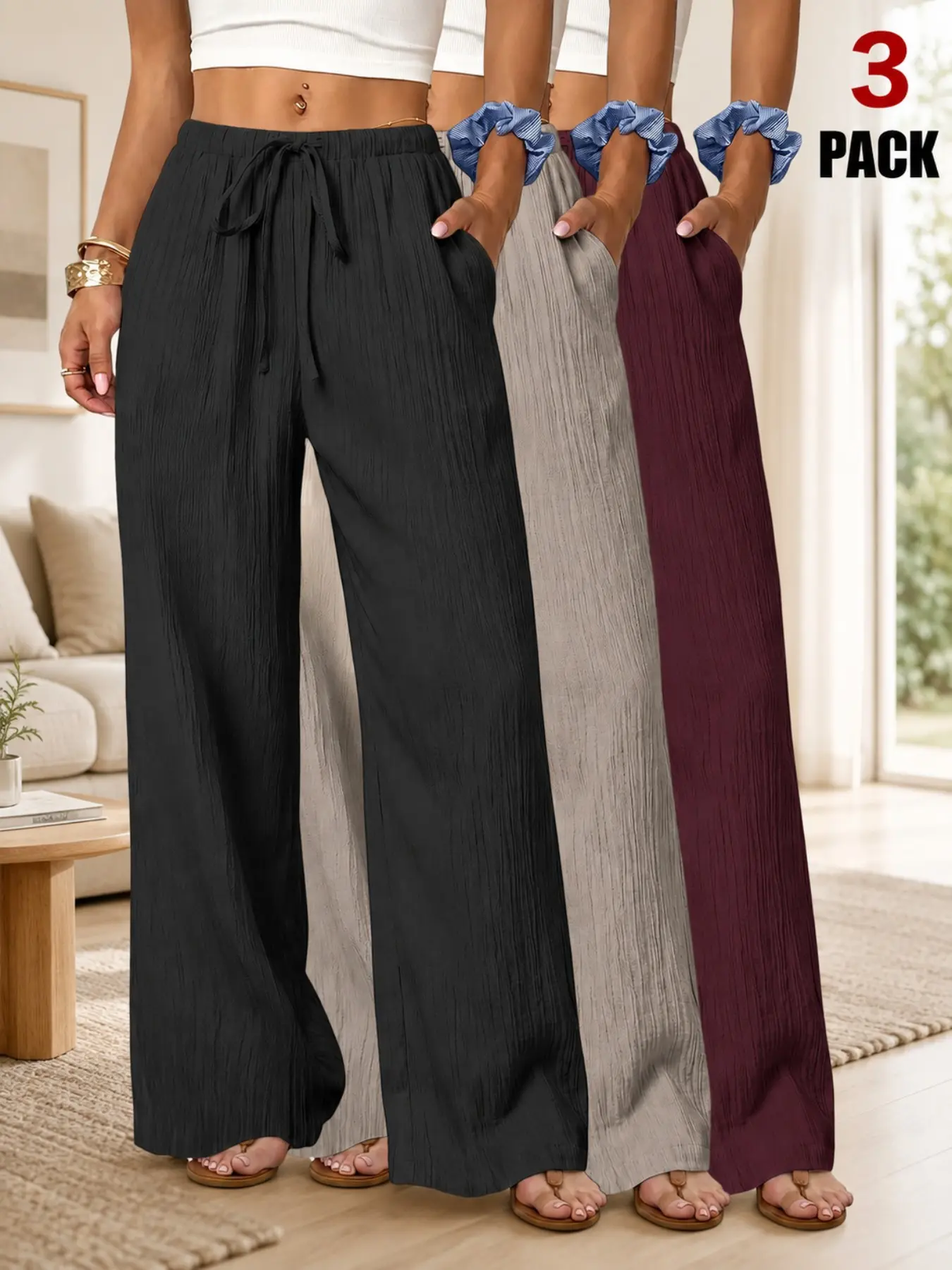 Women's 1-3 Pack Loose Wide Leg Pants, Comfortable Lounge Trousers with Flattering Fit, Easy Changing Everyday Pants with Elastic Waist and Pockets, Relaxed Palazzo Pants for Women, Versatile Casual Bottoms for Travel, Vacation, Home  Streetwear
