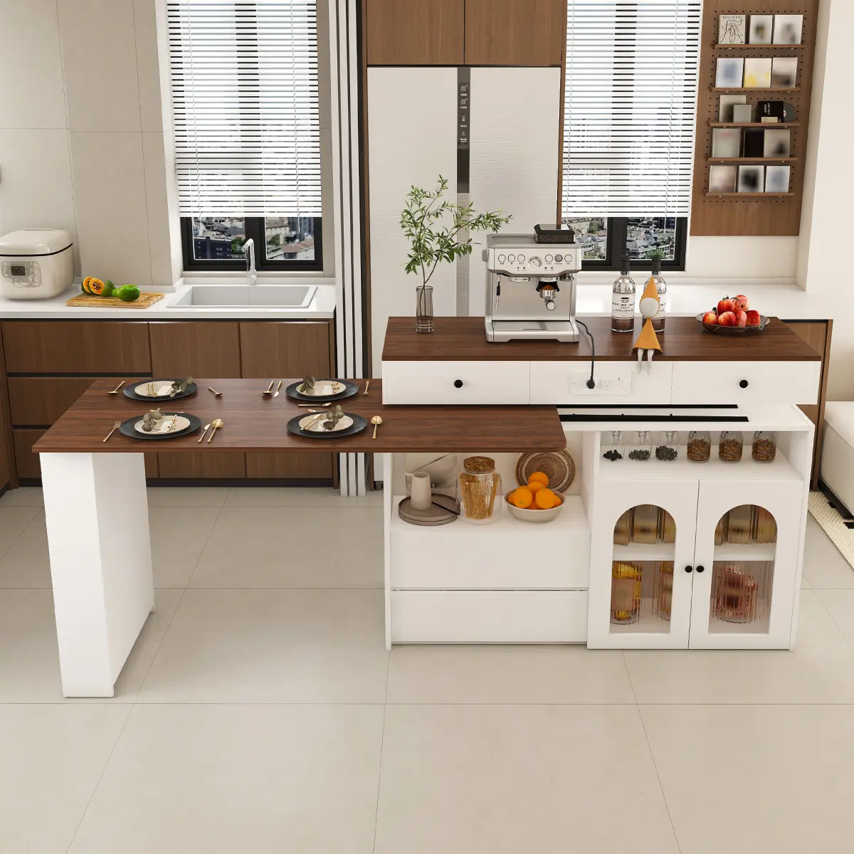 Aobtkel Sturdy Wood Small Kitchen Island - 47-in Width Adjustable Extendable Rotating Table, MDF Base with Walnut Veneer Retro Design, 4 Drawers, Glass Door Metal Cabinets, Built-in Power Outlet, 2-4 Person Dining Station