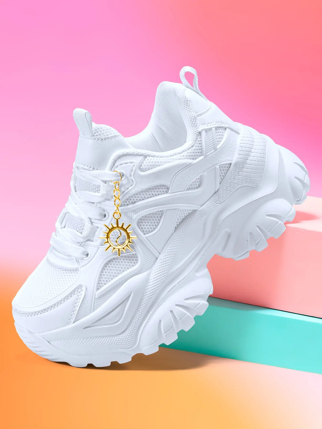 Women's Lightweight Eva Thick Sole Shoes, 7cm Heel Boost, Sporty Design, Detachable Gold Sunflower Charm, All-Season Outdoor Use