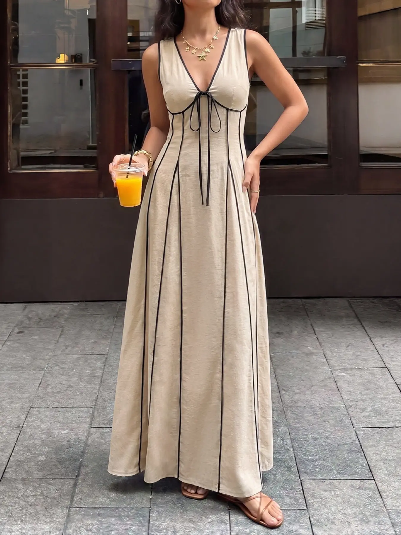 Women's Summer Daily French Vintage Textured Deep V Neck Dress With Piping Trim, Zipper & Tie Detail, Regular Fit Minimalist Elegant Versatile Casual Outfit for Home Urban Outdoor Wear