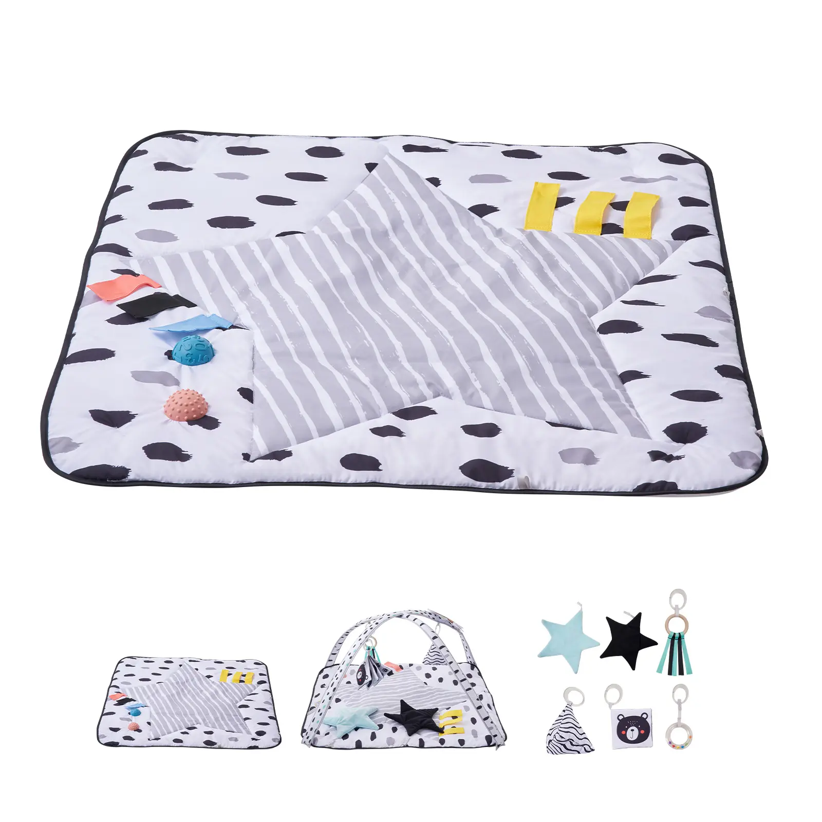 Baby Play Gym Mat, Tummy Time Mat with Sensory Toys, 6 Sensory Toys & 2 Touch Balls, Easy to Clean and Store