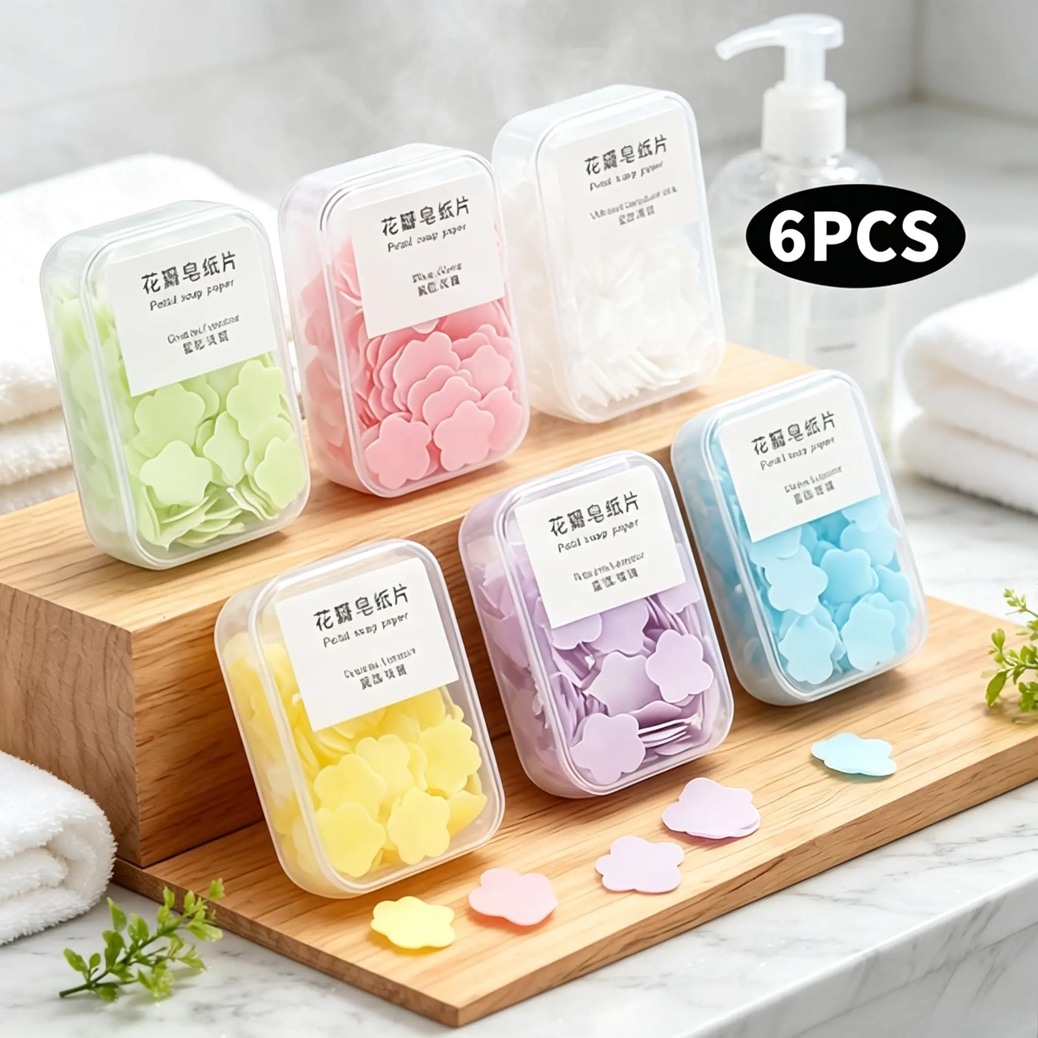 6-pack scented disposable hand soap sheets with jasmine, rose, lavender. Ultra-thin and compact instead of bulky soap. Perfect for camping, travel and commuting, convenient portable hygiene supplies for on-the-go hand washing.