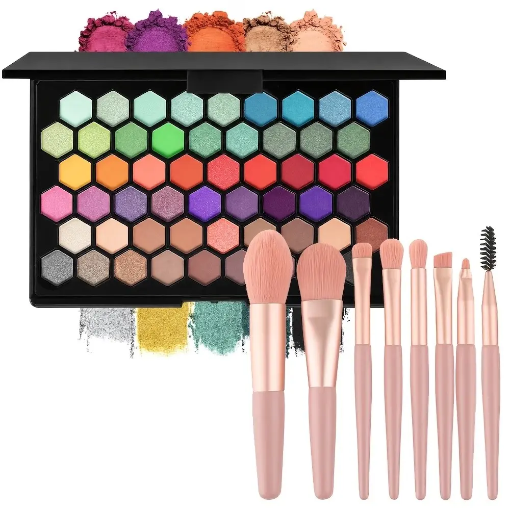 VERONNI 54-Color Eyeshadow Palette with 8 Brushes Kit, Matte Shimmer Highly Pigmented, Earth & Bright Tones, Long-Lasting Waterproof, Suitable for Daily Wear Smoky Looks Bridal Makeup, Colorful Eye Shadow Kit