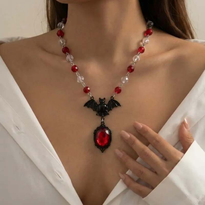 Gothic Black Bat Pendant Necklace with Red Crystal Inlay, Vintage Vampire Clavicle Chain, Dark Aesthetic Jewelry for Halloween Cosplay, Goth Party, Club and Daily Wear