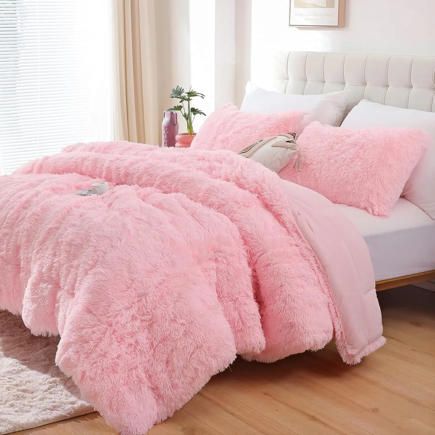 Fluffy Twin Comforter Set, Faux Fur Comforter Set Pink, Luxury Fuzzy Twin Bedding Set Pink, Soft Shaggy Bed Set for All Season, 2 Pieces - 1 Comforter & 1 Pillowcase