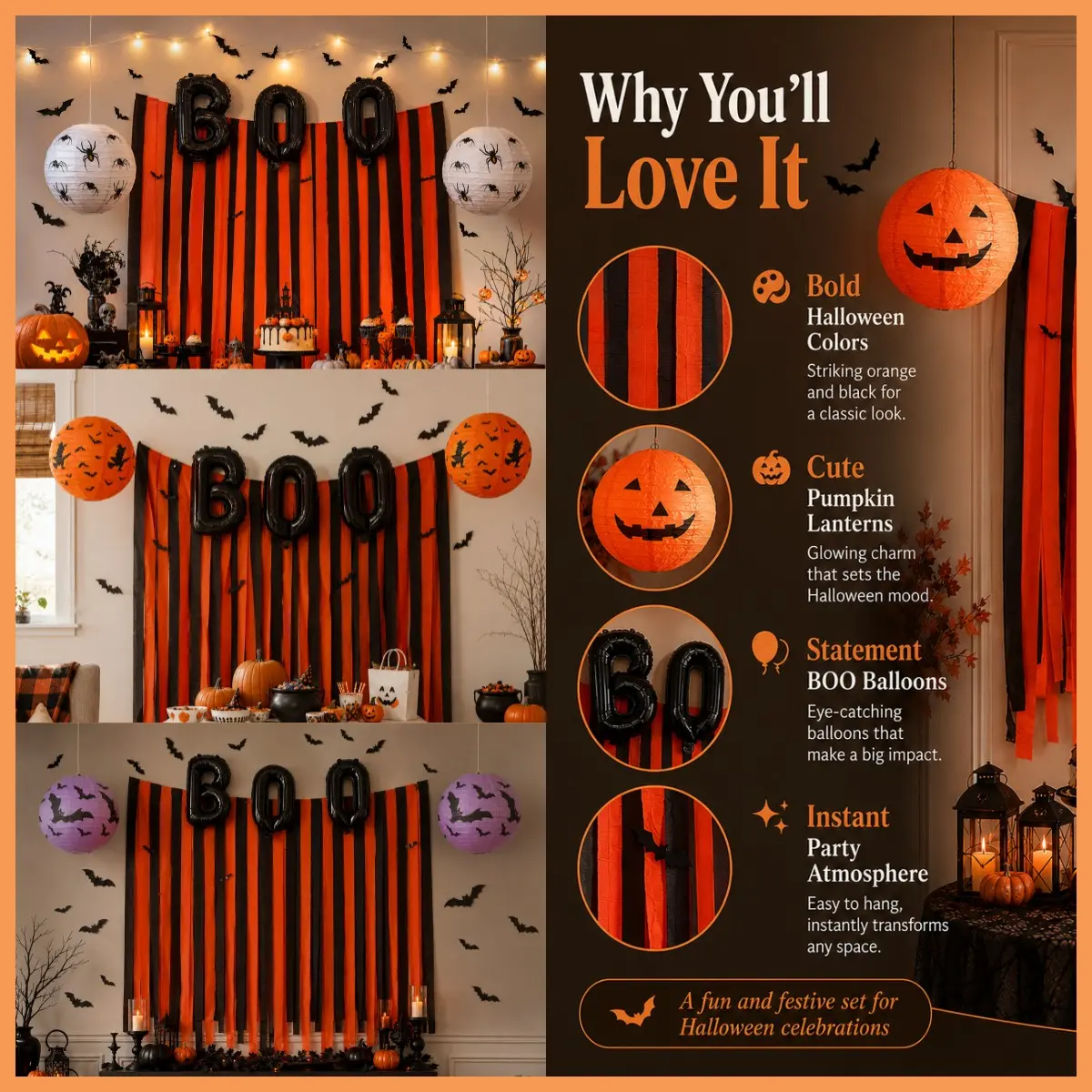 23pcs Halloween Spooky Decor Bundle, 6" Boo Balloons, & Streamer, 3D Bat Decals, Paper Lanterns, Photo Booth Background