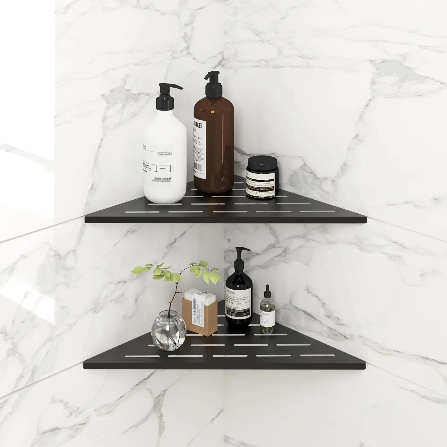 2-Pack 10" Matte Black Recessed Corner Shower Shelf, for Tiled Bathroom Walls, 304 Stainless Steel Floating Shower Shelf, Shower  Storage Shelves, No Drilling Required, Striped Triangle