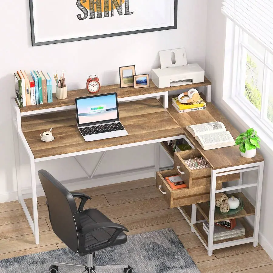 Small Space L Shaped Corner Home Office Desk , 55" X 24" Computer Gaming Study Table With Monitor Stand, Drawers & Storage Shelves