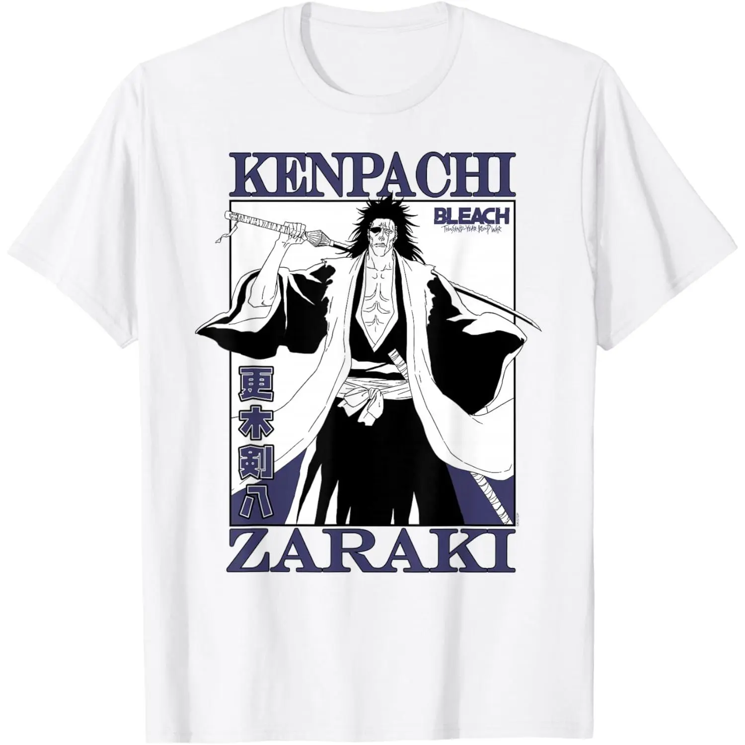 BLEACH Anime Kenpachi Zaraki Full Body Manga Frame Poster Black White Line Art Purple Border Vertical Japanese Kanji KENPACHI ZARAKI Big Text Graphic T-Shirt Unisex Oversized Crew Neck Soft Pre-Shrunk White Cotton Loose Fit Tee Up To 5XL Big & Tall P
