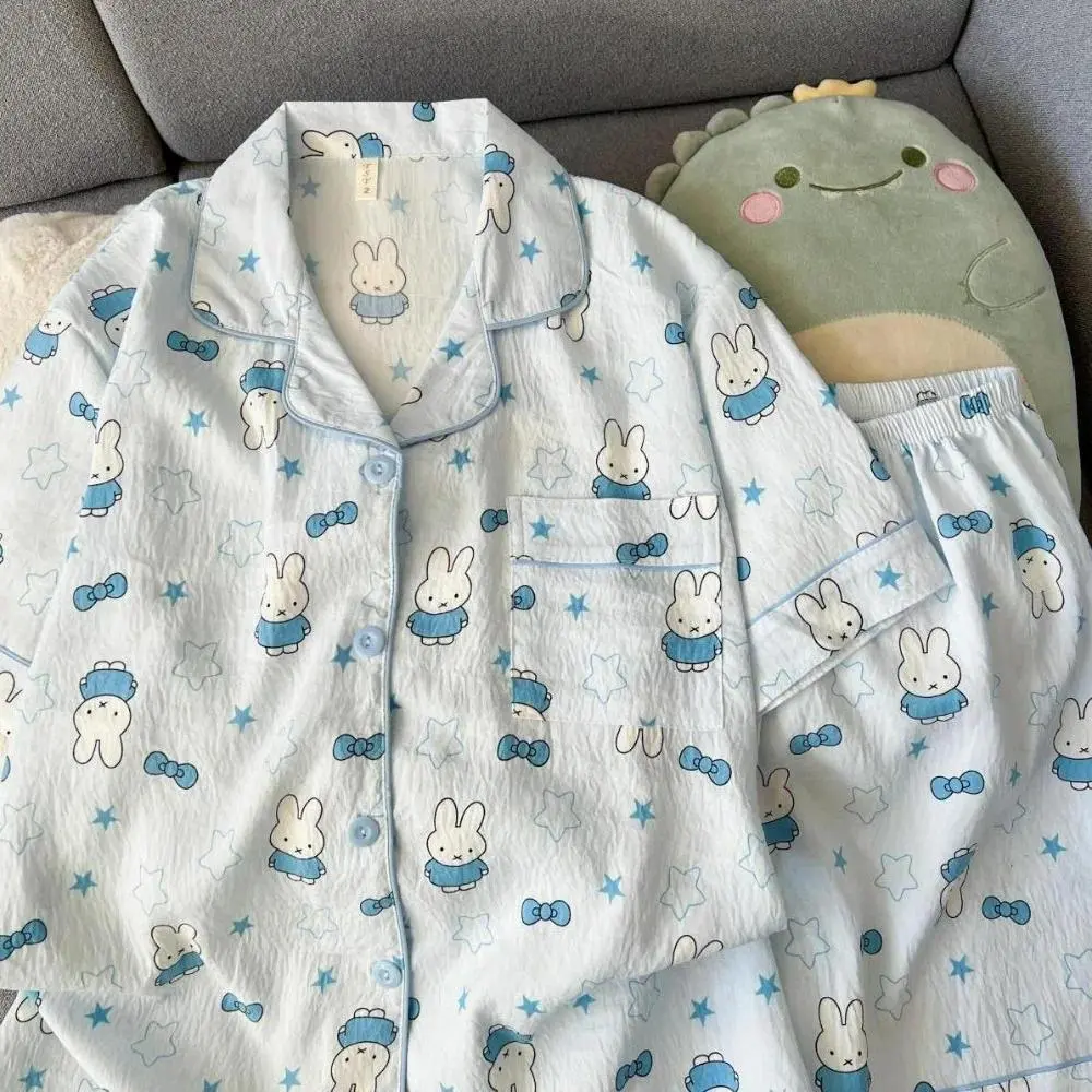 Cute Miffy Rabbit Women Pajamas Summer Short Sleeve Shorts Set Cartoon Kawaii Breathable Soft Loungewear Casual Home Daily Wear
