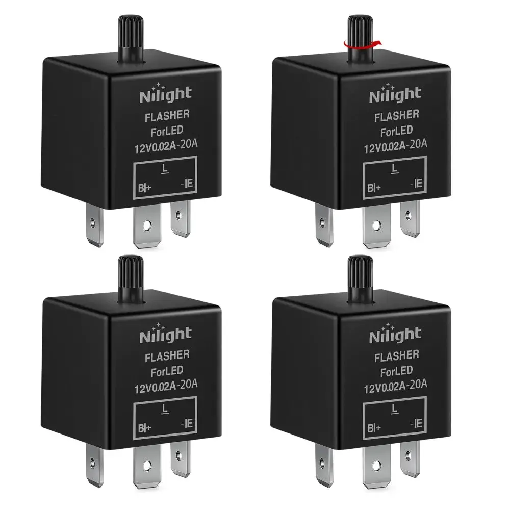 Nilight 4-Pcs 3-Pin Adjustable Electronic Flasher Relay (CF13 JL-02) - 12V Voltage, 150W, 0.02A to 20A, -40℃ to +80℃, Anticlockwise & Clockwise Knobs, Fixes Car Turn Signal/Warn Hyper Blink/No Flash, Compatibility with Halogen & LED Bulbs