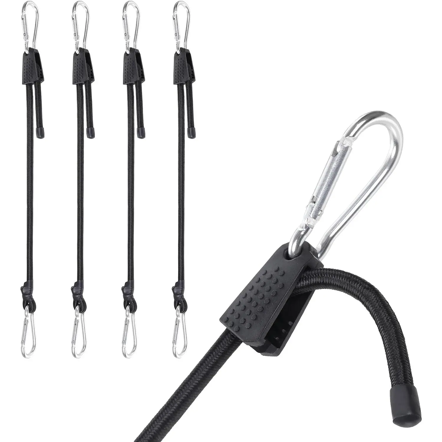 Adjustable Bungee Cords with Hooks Heavy Duty Elastic Cords with Clips Carabiner Bungee Cord Elastic Ropes for Outdoor, (4, Black, 24")