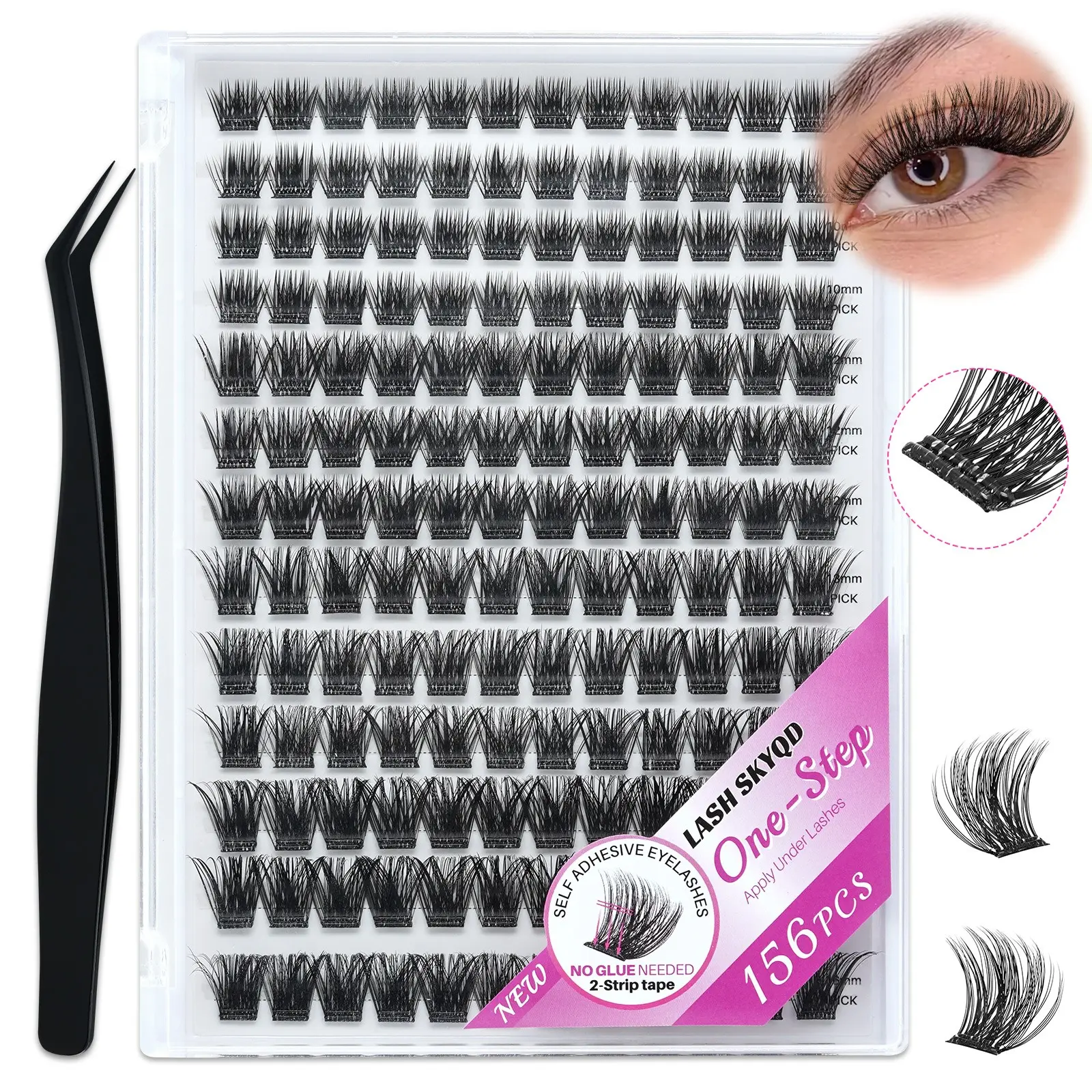 Self Adhesive Eyelashes, Cosmetic 156 Pcs D Curl Self Adhesive Eyelash Clusters, No Glue Needed, Beginner Friendly Lashes, Invisible 2-Strip Tape - Longer Lasting, No Sticky Residue Pre Glued Eyelashes, False Lashes Clusters