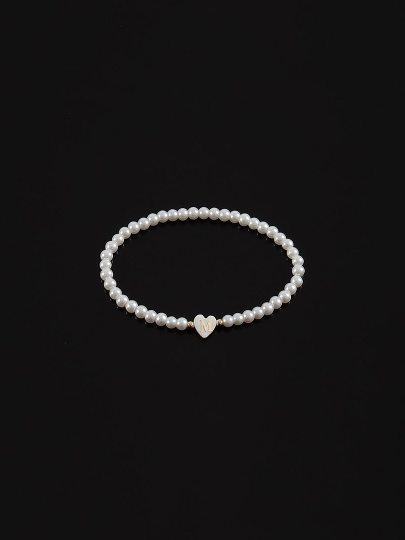Women's Elegant Faux Pearl Decor 26 Letter & Heart Design Bead Bracelet, Trendy Exquisite Matching Bracelet, Chic Gorgeous Cute Jewelry As Gift for Girlfriend, Pearls Beaded, Pretty Bracelet