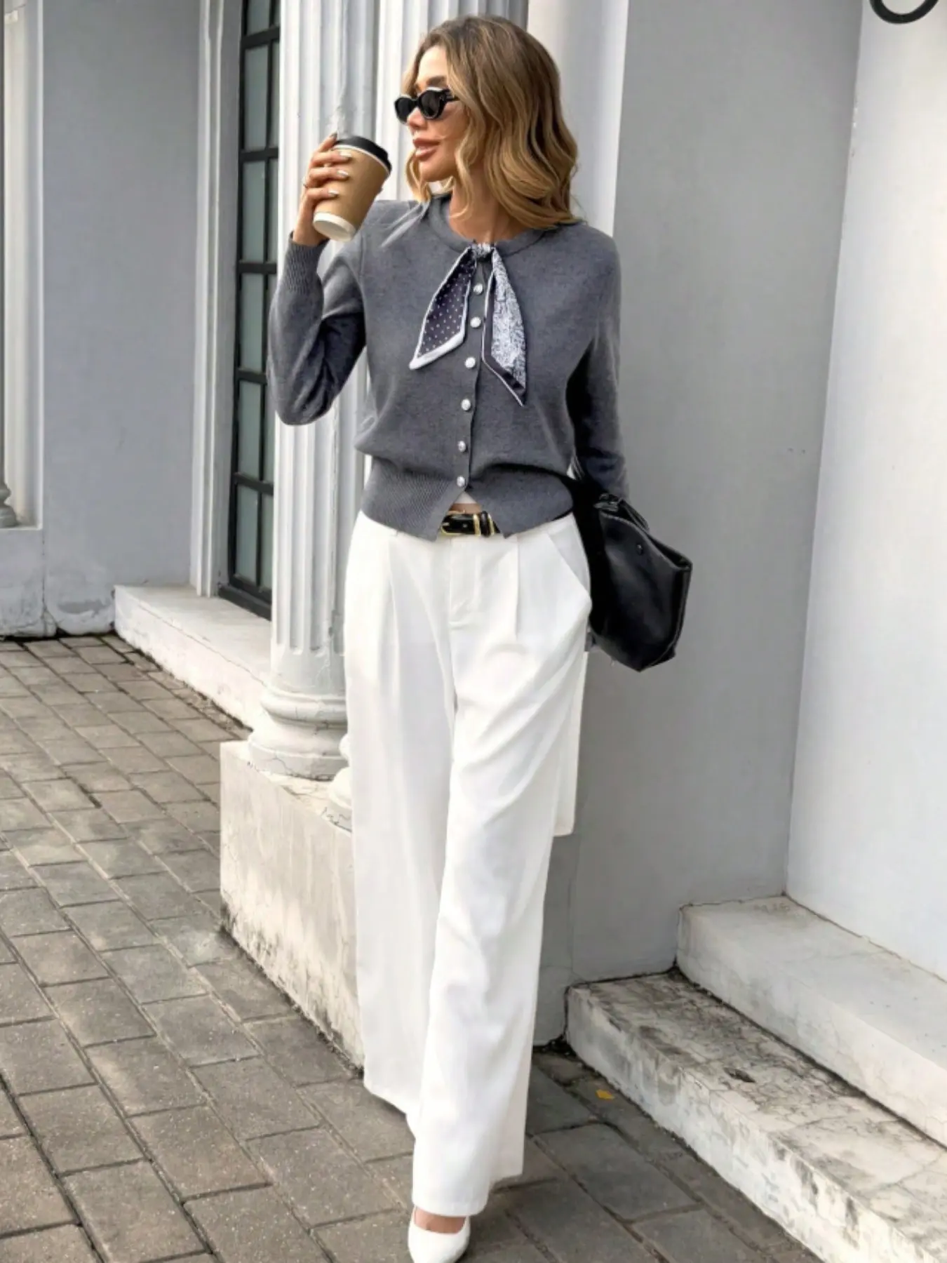 French Vintage Elegant Neck Scarf Round Neck Knit Cardigan, Single Row Metal Button Long Sleeve Slim Fit Knitted Sweater