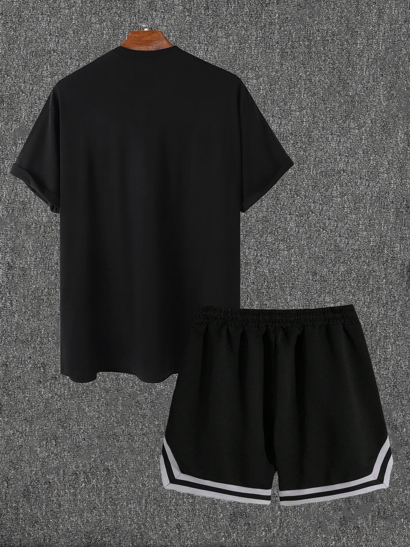 Two Counts Men's Graphic Drawstring Waist Design Two-piece Set, Casual Streetwear Regular Fit Short Sleeve Round Neck T-shirt & Pocket Shorts, Summer Outfits, Men's Clothes for Daily Wear, Clothing