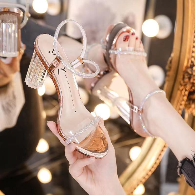 Crystal High Heeled Shoes for Women Popular Online Transparent French Style Strap Sandals Fairy Style Chunky Heels Summer Crystal High Heeled Shoes for Women Popular Online Transparent French Style Strap Sandals Fairy Style Chunky Heels Summer