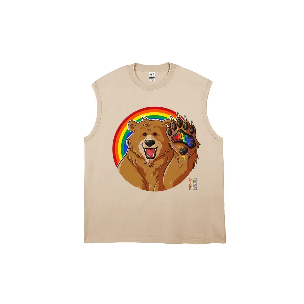 Retro Acid Wash Muscle Tank with LGBTQ Bear Pride Graphic, Unisex Cotton Oversized Cut Sleeveless Top for Pride Festivals, Casual, Loose-Fitting, Regular, Slight Stretch, S, Spring, Washed