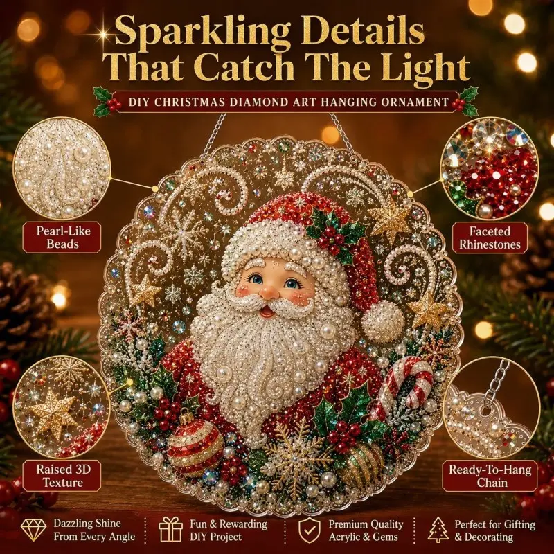 DIY Diamond Painting Santa Hanging Ornament Kit, Shiny Colorful Gem Art Craft, Christmas Holiday Home Decor Pendant for Tree & Window, Festive Gift Set