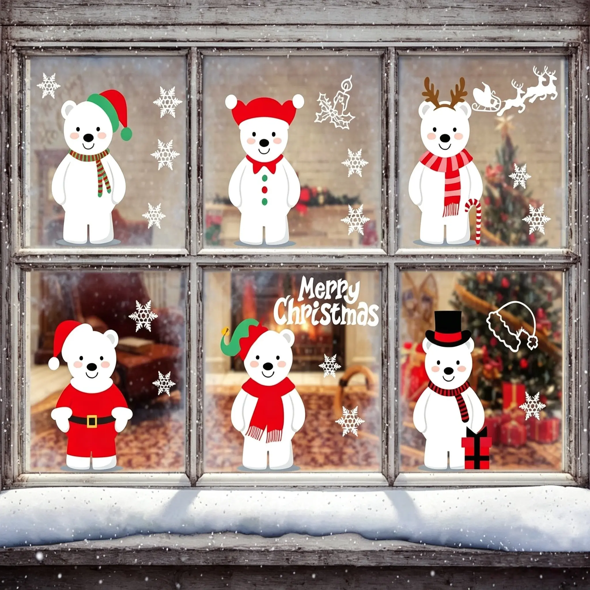 2pcs Reusable Christmas Window Stickers, Large Size 30x90cm, Polar Bear Snowflake Deer Decorations, Festive Glass Door Decals