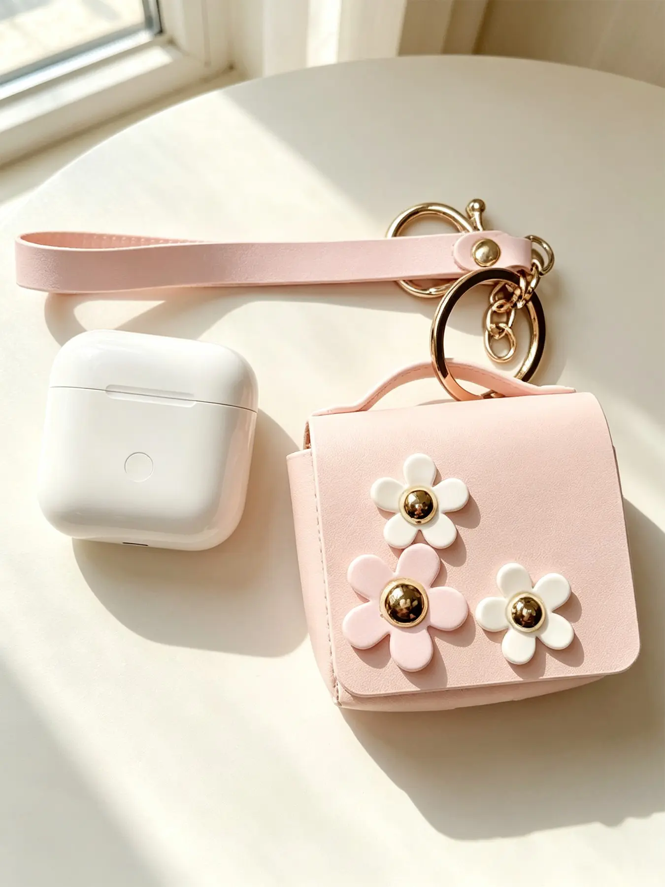 PU Leather Mini Earbud Case with 3D Daisy Decoration, Dual Color Options, Keychain & Wrist Strap, Ideal for Wireless Earbuds, Lipstick, Jewelry