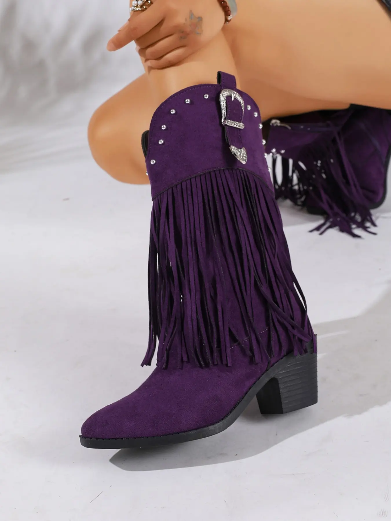 New Western Style Rivet Fringe Mid-Calf Boots for Women, Pointed Toe Thick Heel Vintage Jeans Boots, Fall & Winter Fashion