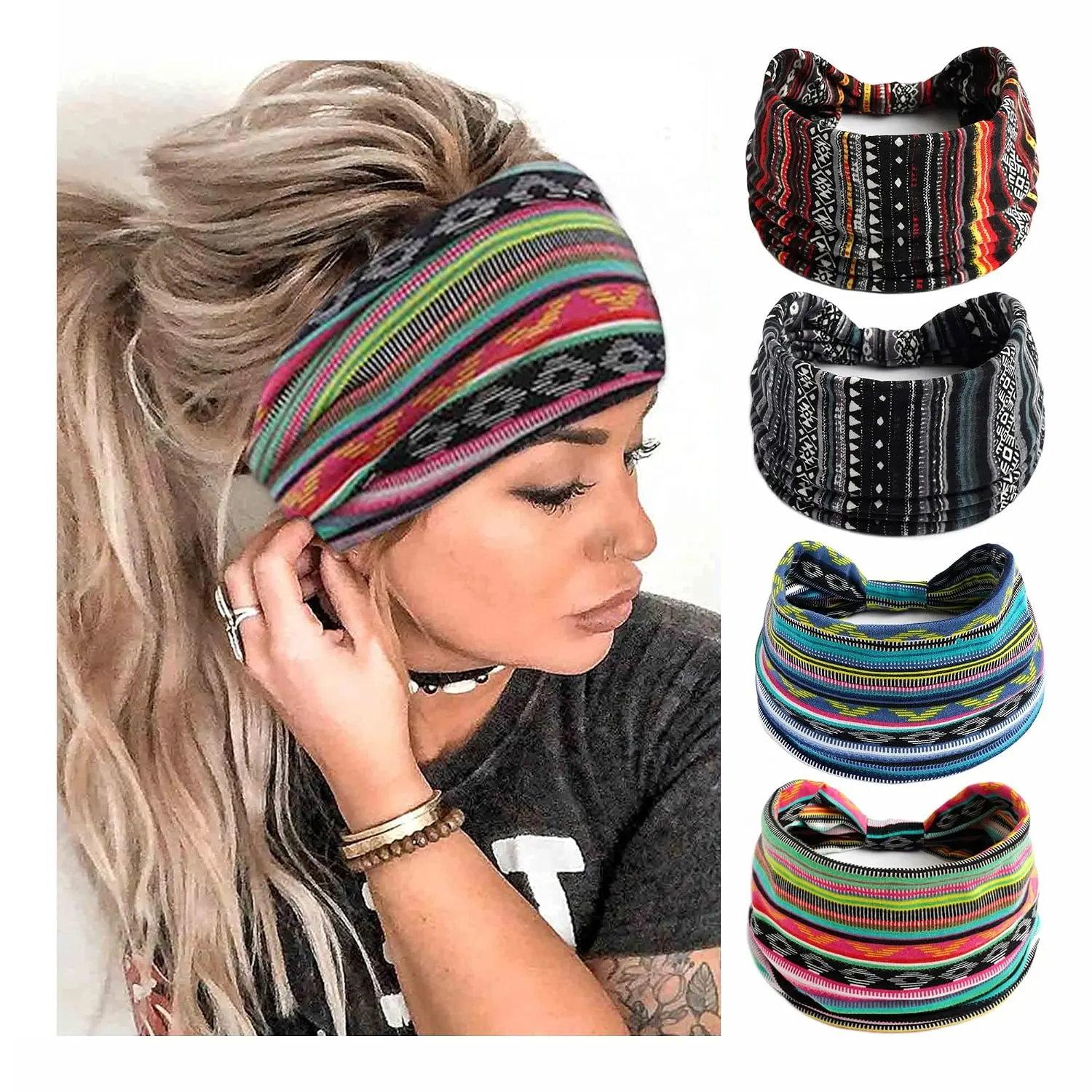 Boho Headbands For Women Fashion Stretch Wide Hair Bands Knoted Turban  Bands Yoga Running Sweatband Elastic Headband Stylish Wrap Headbands Hair Accessories for Teen Girls 4 Pack