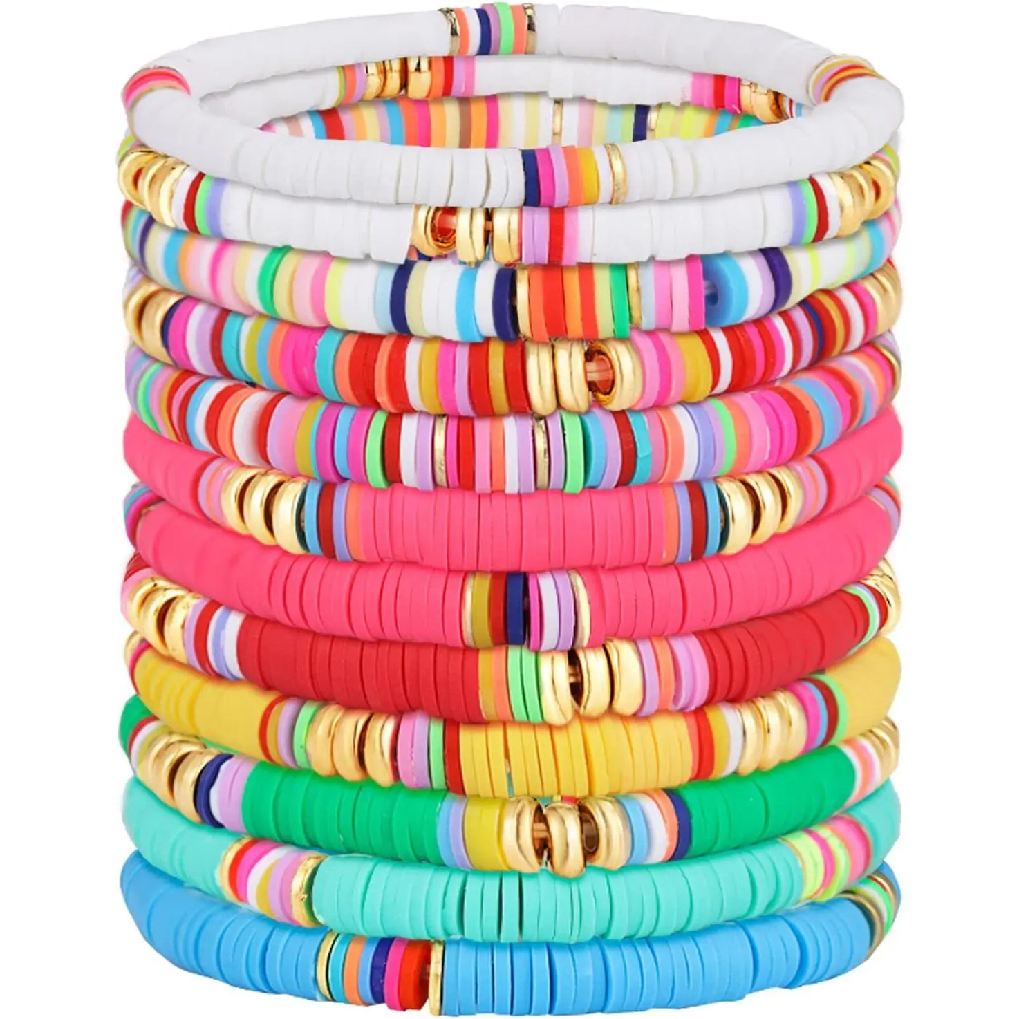 12 count Preppy Surfer Heishi Bracelets - Stackable Colorful Beaded Stretch Elastic Bohemia  - Summer Beach  for Women (Classic Style)