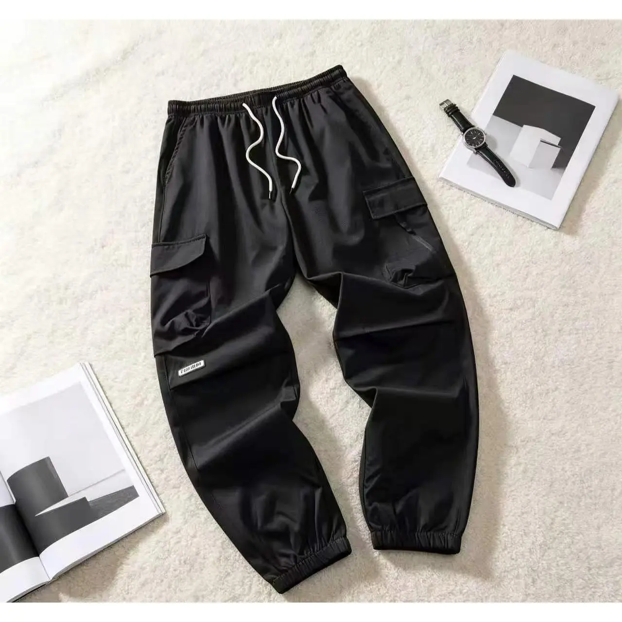 Men’s Black Small White Woven Label Double Layer Cargo Pocket Joggers Elastic Off White Drawstring Waist Casual Street Pants Y2K Techwear Streetwear Baggy Fit Check
