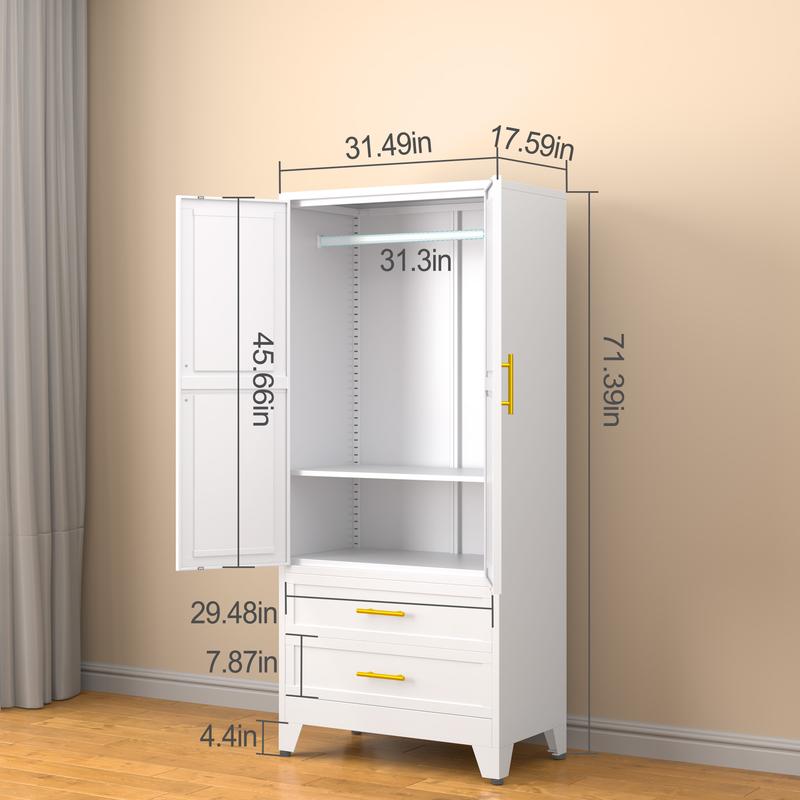 Metal Wardrobe Closet with 2 Doors & 2 Drawers, 71"" Tall Armoire Wardrobe Closet with Hanging Rods and Adjustable Shelf, Steel Wardrobe Storage Cabinet for Bedroom, Large mothersdaygift