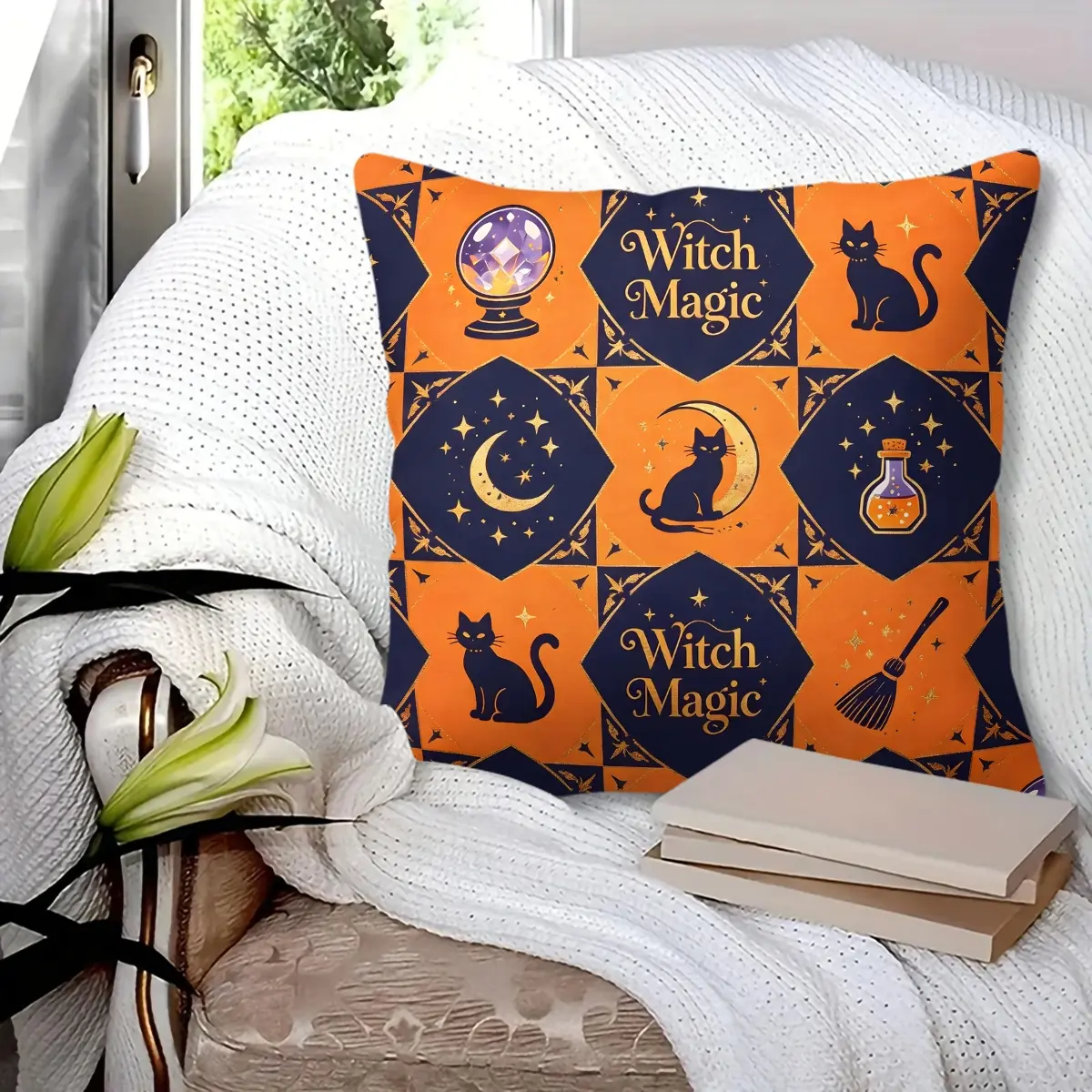 1PC Halloween Witch Magic Throw Pillow, Soft Durable Decorative Cushion featuring Black Cat, Crescent Moon, Crystal Ball, Magic Potion and Broom Prints, Perfect for Sofa, Bed, Bedroom, Living Room Halloween Party Home Decoration, Includes Pillow Ins