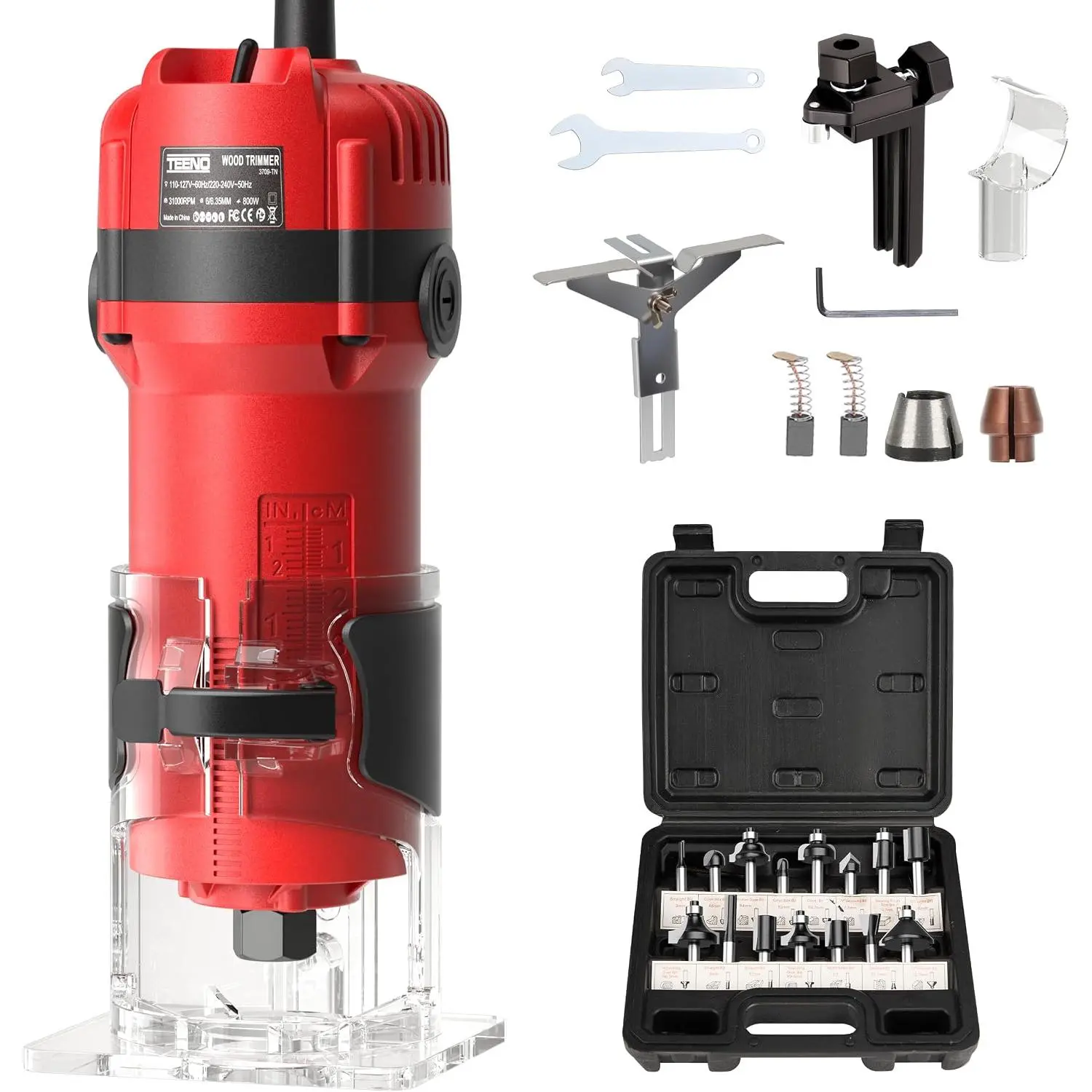 Router, 800W Compact Router Tools for Woodworking, 31000 RPM Hand Trim Router with 15 count 1/4" Router Bits Set,  Guide, Roller Guide, Dust