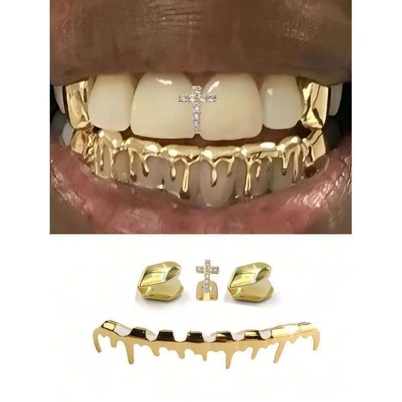 Hot-Selling European & American Cross Copper Micro-Inlaid Zirconia Single Water Drop Teeth Grill,