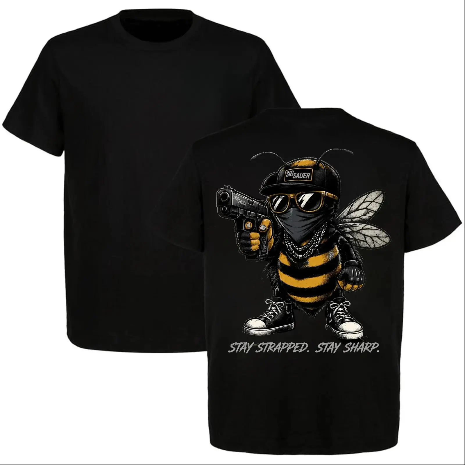 SIG Sauer Bee T-Shirt Stay Strapped Stay Sharp Funny Tactical Gangster Bee Graphic Tee Black Men Streetwear Gun Lover Meme Shirt