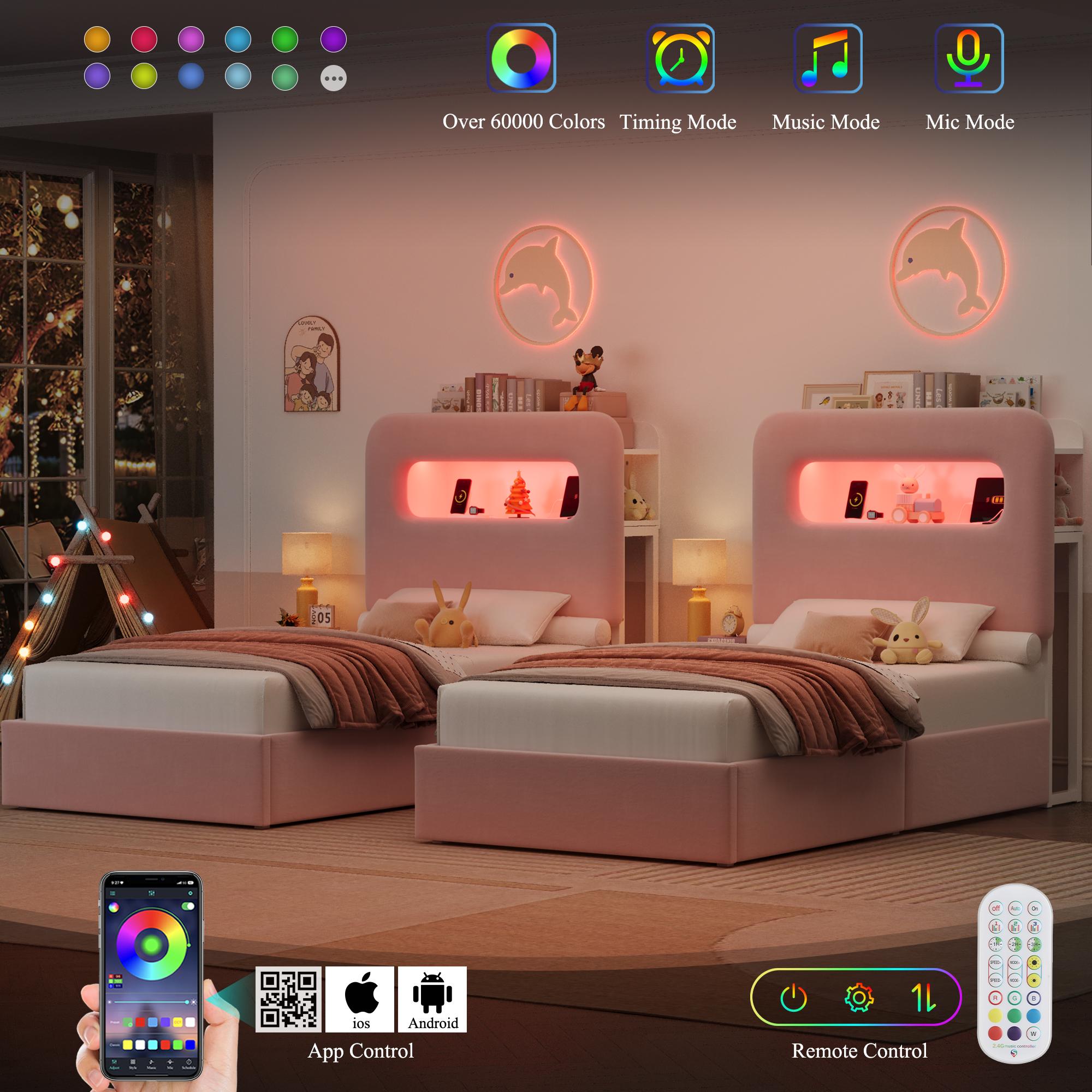 HOSTACK LED Bed Frame with Storage Headboard & Charging Station Modern Platform Bed with USB Ports Velvet Upholstered Twin/Full/Queen Sizes No Box Spring Needed Easy Assembly Bedroom Bedframe, No mattress