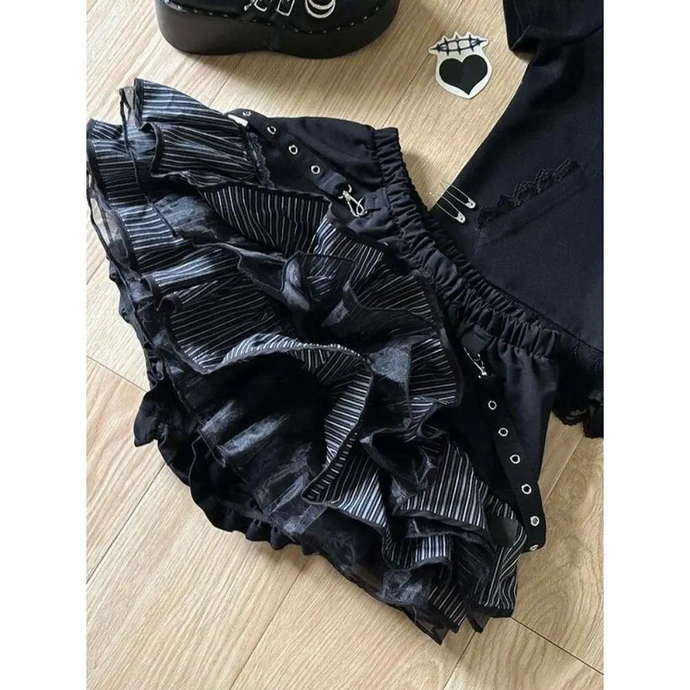 Harajuku Stripe Punk Grunge Skirts Women Y2k Aesthetic High Waist Cake Mini Streetwear Lace Vintage Kawaii Mini Jupe Subculture