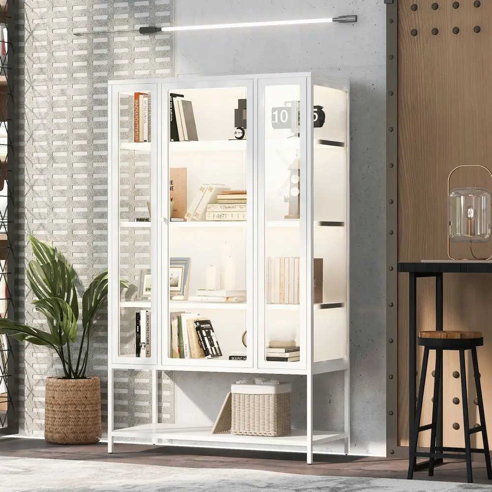 67.25'' Tall Iron Display Cabinet with Glass Door and LED Lights Steel Curio Cabinet for Collectibles Figures Trophies 3-Sided Glass Display Case for Home Office Study Room Stores Playroom - White