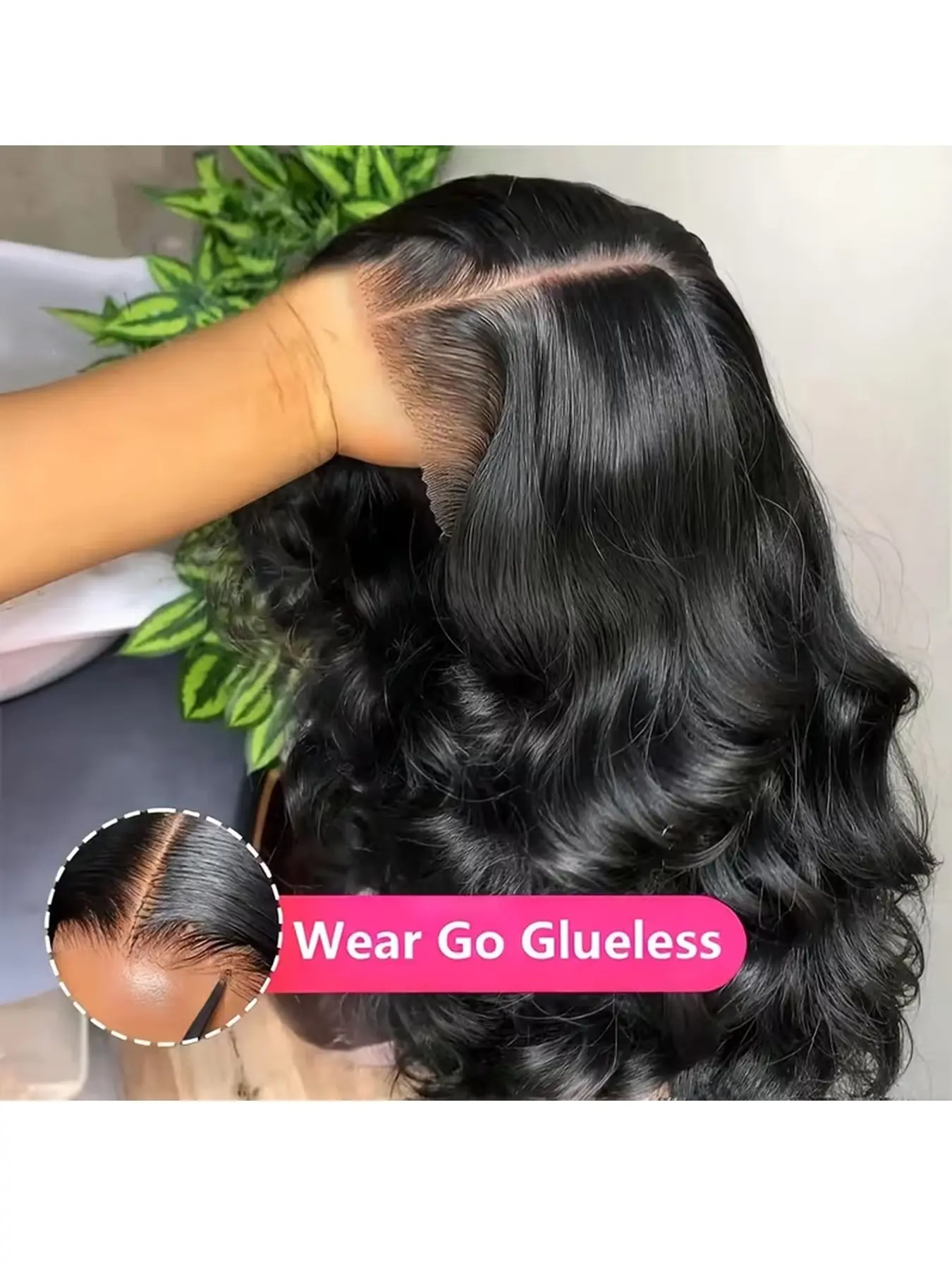 Synthetic 4x4 Glueless Wig Body Wave Synthetic Hair Pre‑Cut Pre‑plucked with Natural Hairline 200% Density Natural Black Closure Lace Wig for Women Daily Wear Wear and Go Wig