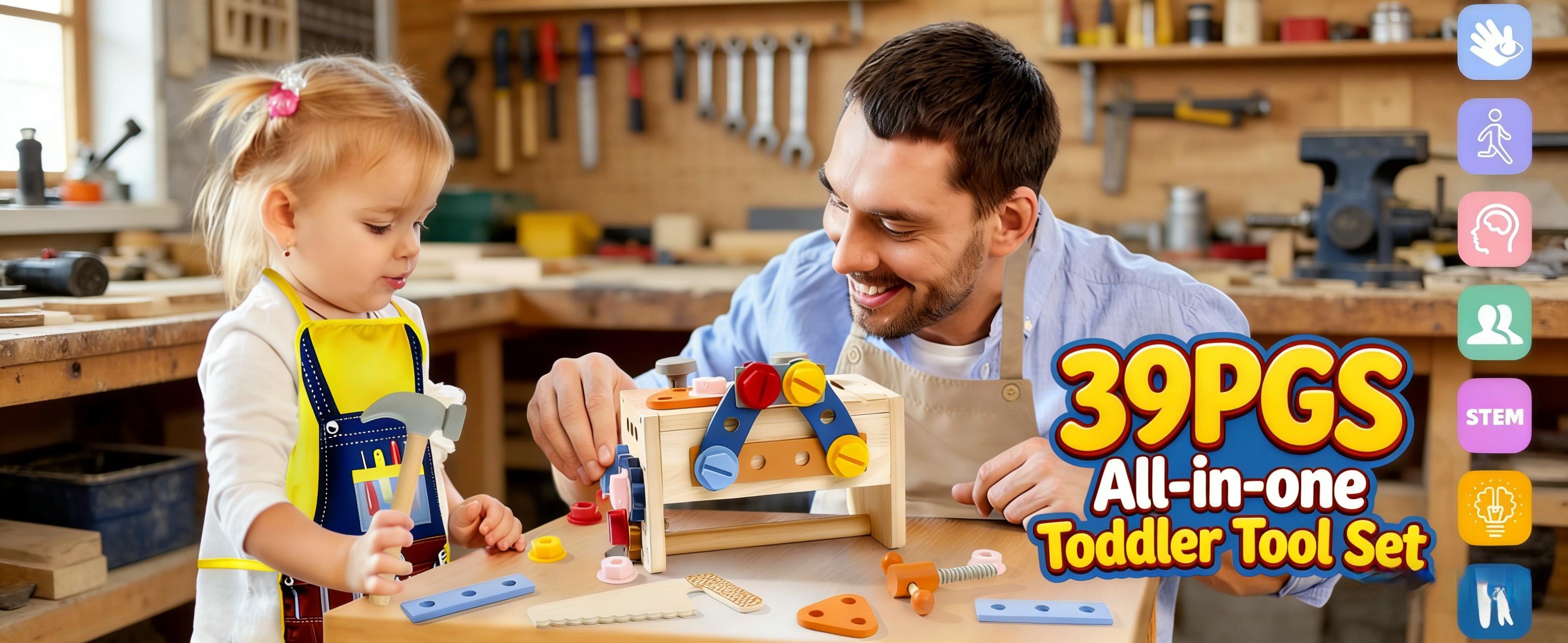 Montessori Kids Tool Set,Wooden Kids Tool Set with Apron,39 PCS Wooden Toddler Tool Bench Box Montessori Toys for 2 3 4 Year Old Boys Girls, Educational STEM Construction Toys Pretend Play Toddler Toys Age 3-5 Birthday Gift