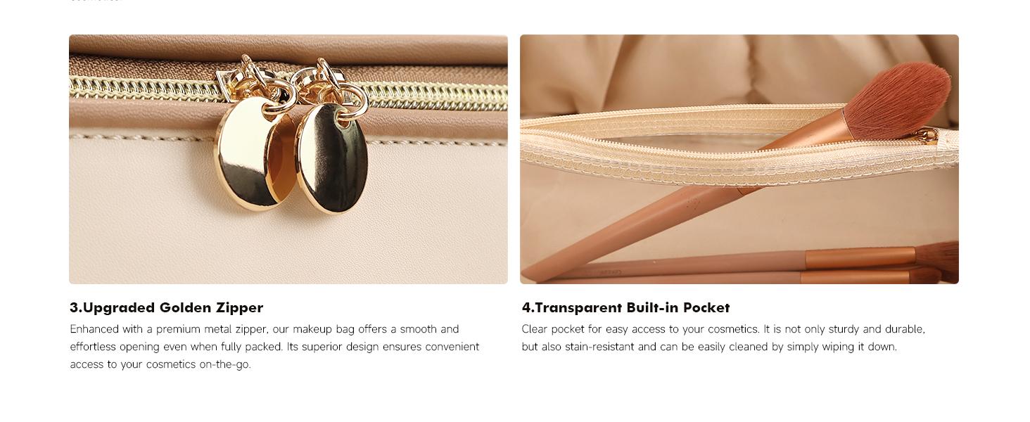 Prite Makeup Bag for Women Travel Waterproof Vegan Leather Cosmetic Bag Open Flat Toiletry Bag With Clear Divider and Handle (Beige)