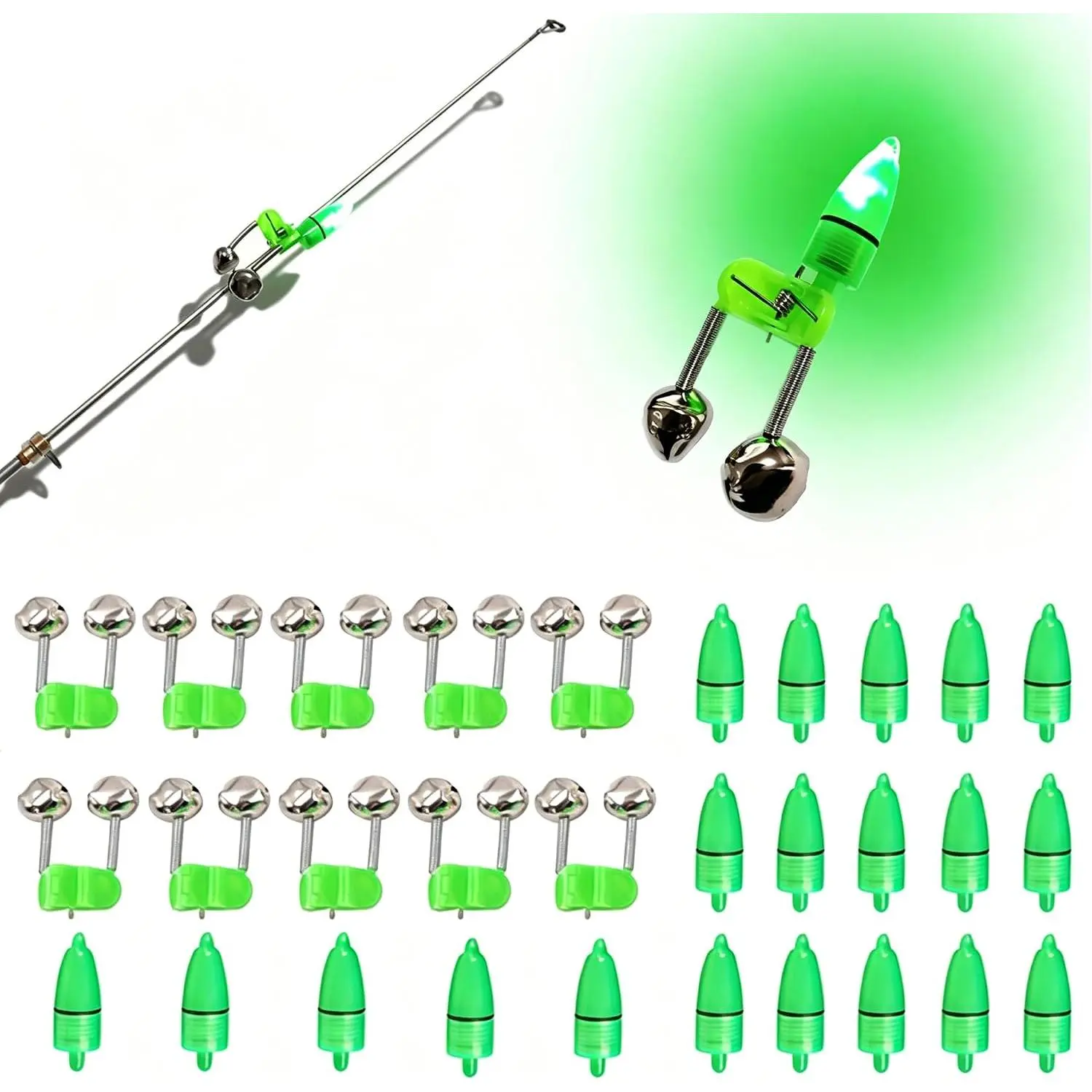 Fishing Bells with Lights, 30 count Combo Set for Night Fishing Alarms | 20 LED Night Fishing Lights + 10   Bells.  Fishing Accessories for Night Fishing