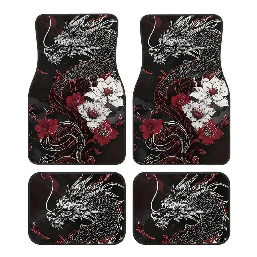 4-Piece Dragon Pattern Universal Car Floor Mats, Fits Sedans Suv Trucks, All-Weather Polyester Fiber Interior Accessories, Unisex Gift