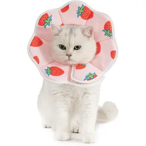 Soft Cat Recovery Cone Collar, Adjustable Lightweight Kitten E-Collar for Small Dogs, Comfortable Neck Donut Stop Licking Scratching After Surgery -Strawberry(S)