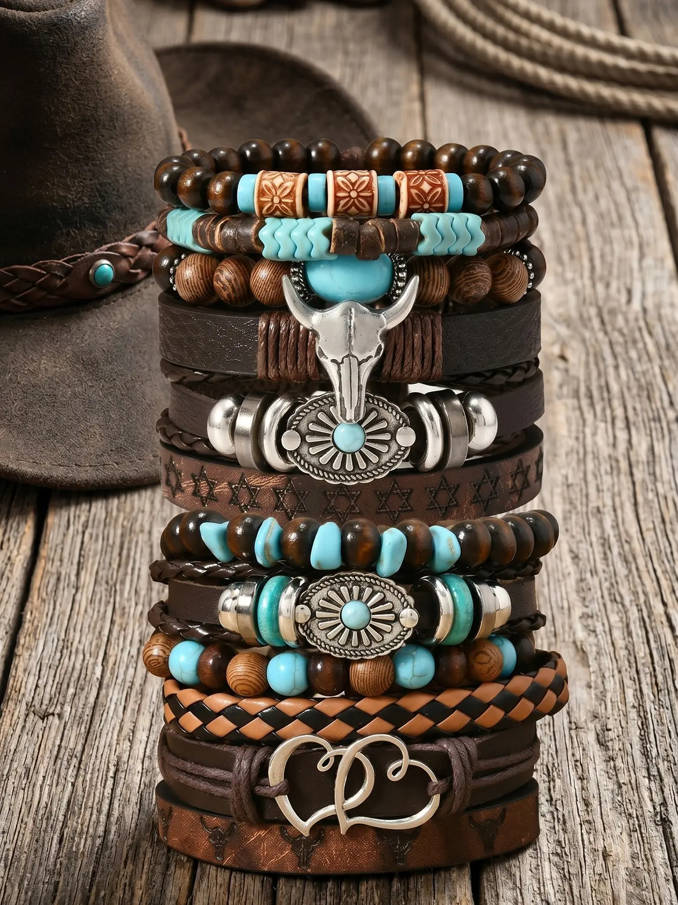 12pcs PU Leather Bracelet Set Punk Cuff Wrap, Adjustable for Men Women, Daily Wear, Gift-Giving, Christmas Gifts Jewelry