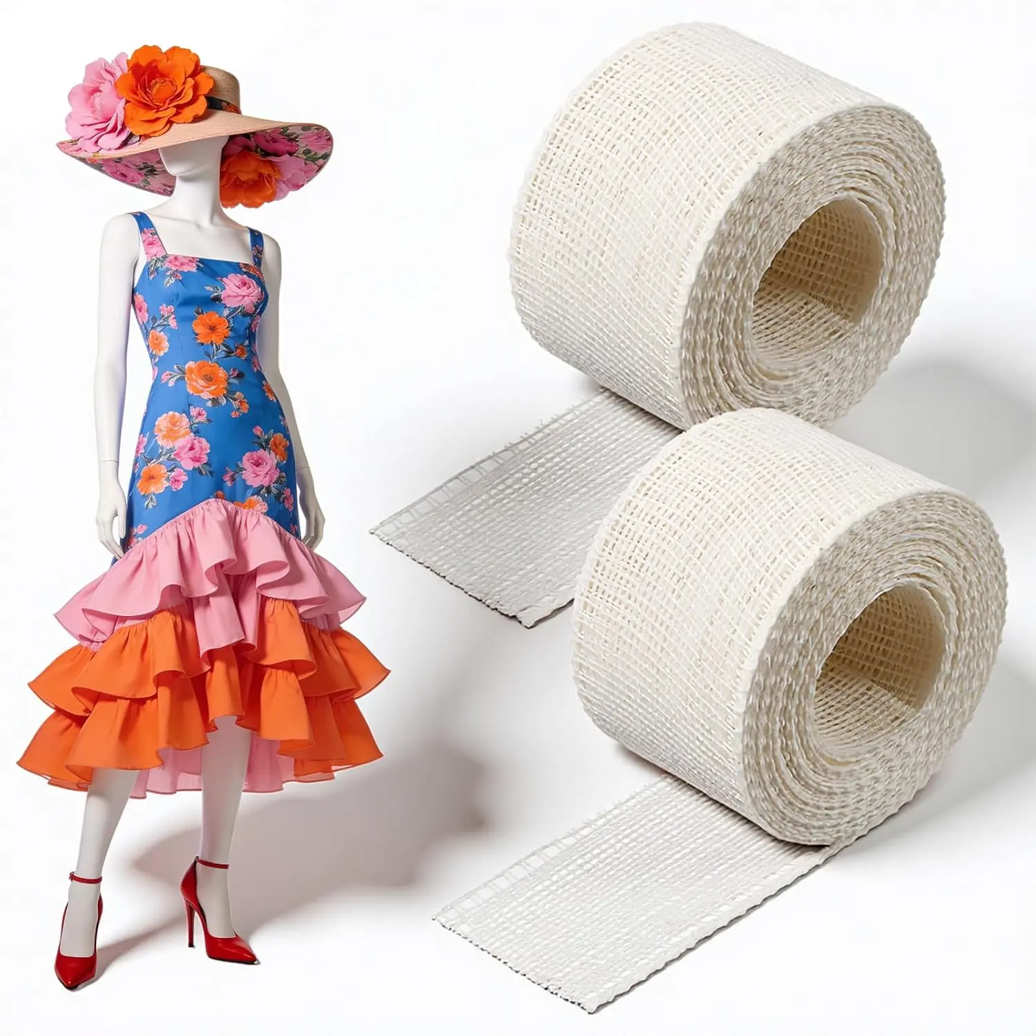 2 Rolls 6.5 Yards Hemming Tape for Sewing, 1.37 Inch Width White Hem Sewing Tape Fishbone Boning Lining  Narrow Hem and Curved Hems Sew Tool for Skirts Dresses Wedding Veils Clothing